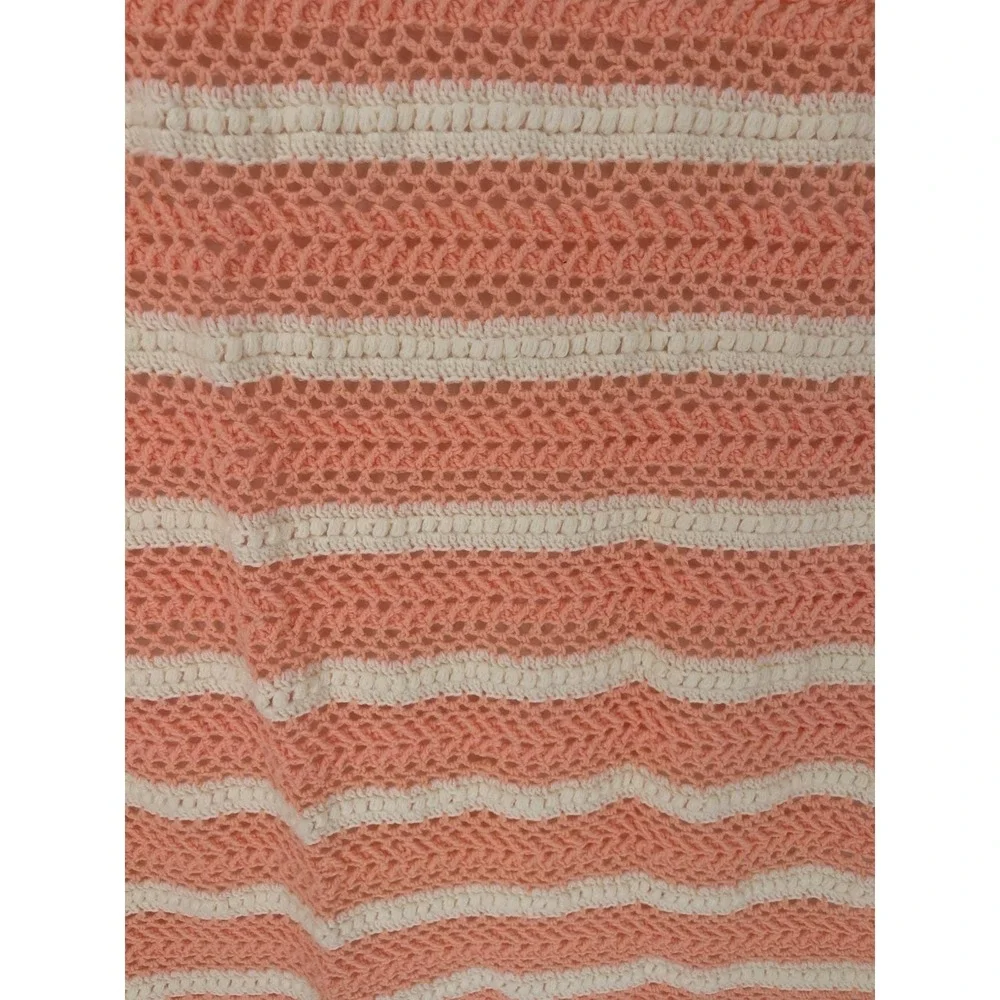 VINTAGE CROCHET‎ HAND KNITTED PEACH And White THROW BLANKET
